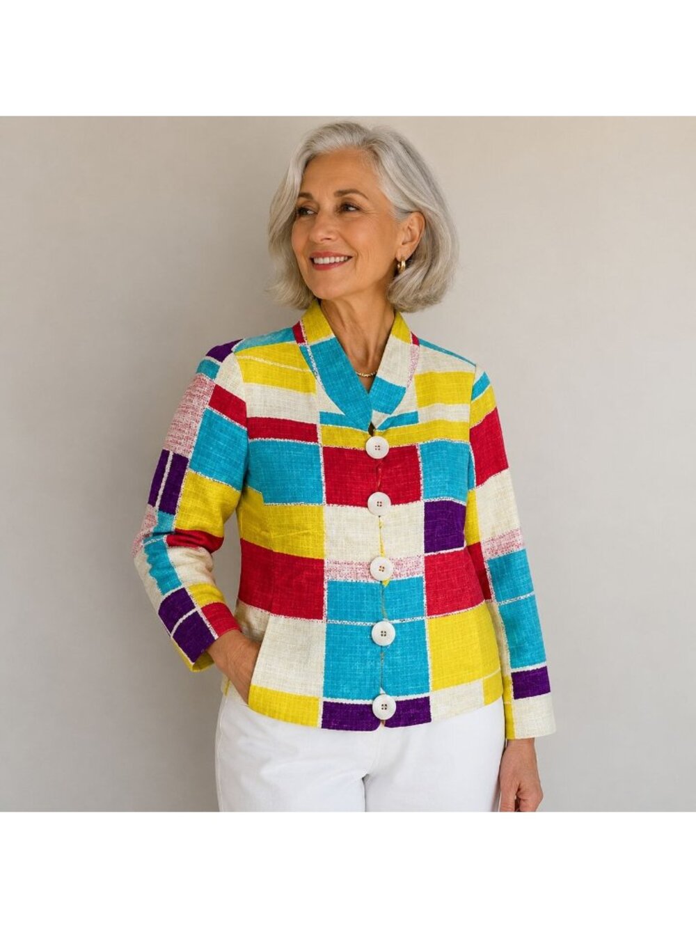 Carlisle Colorblock Patchwork Jacket Cotton Acetate Womens Size 10 Career Chic